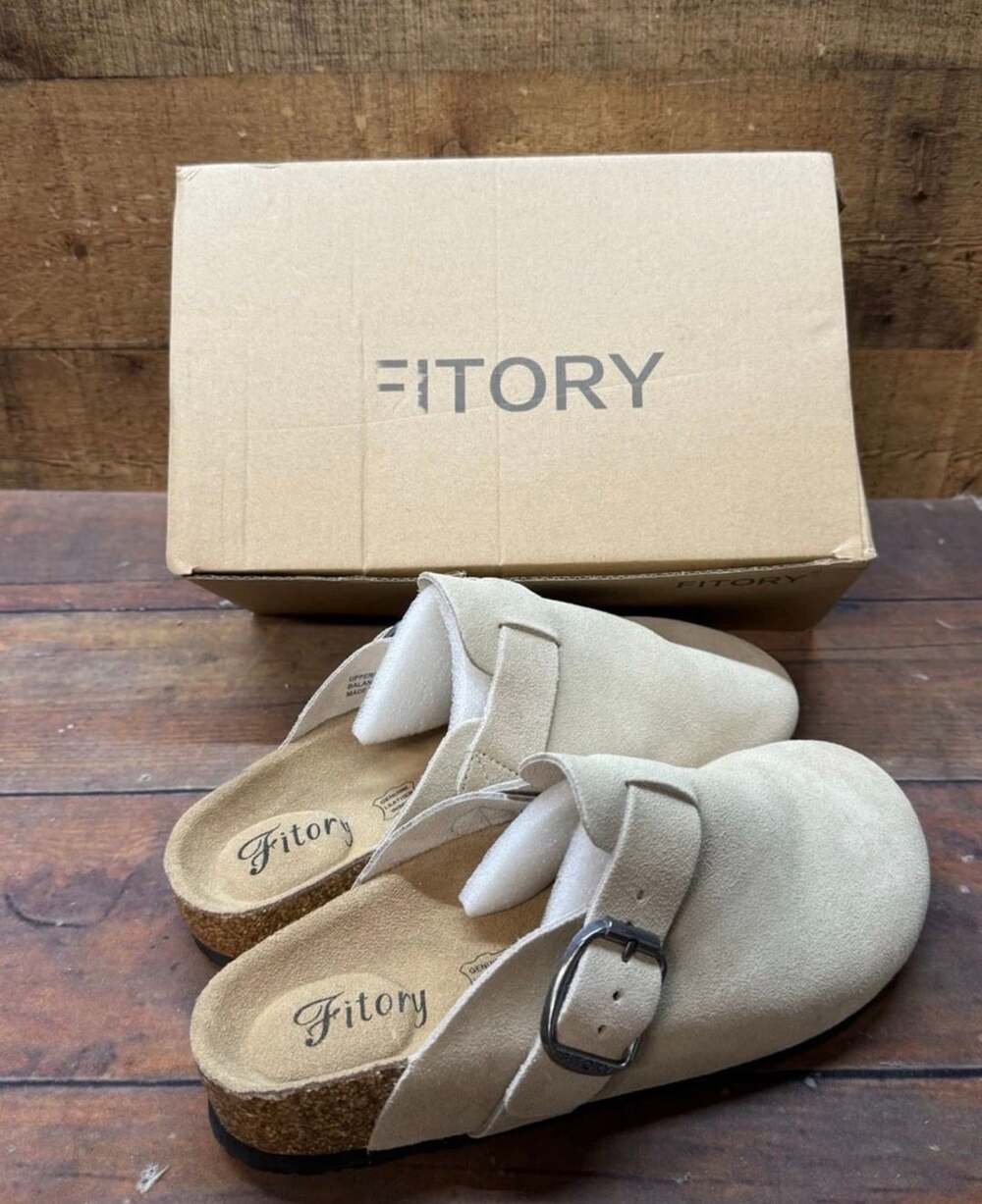 Fitory Suede Clogs Size 8 Taupe Cork Footbed Buckle Mules Slides New